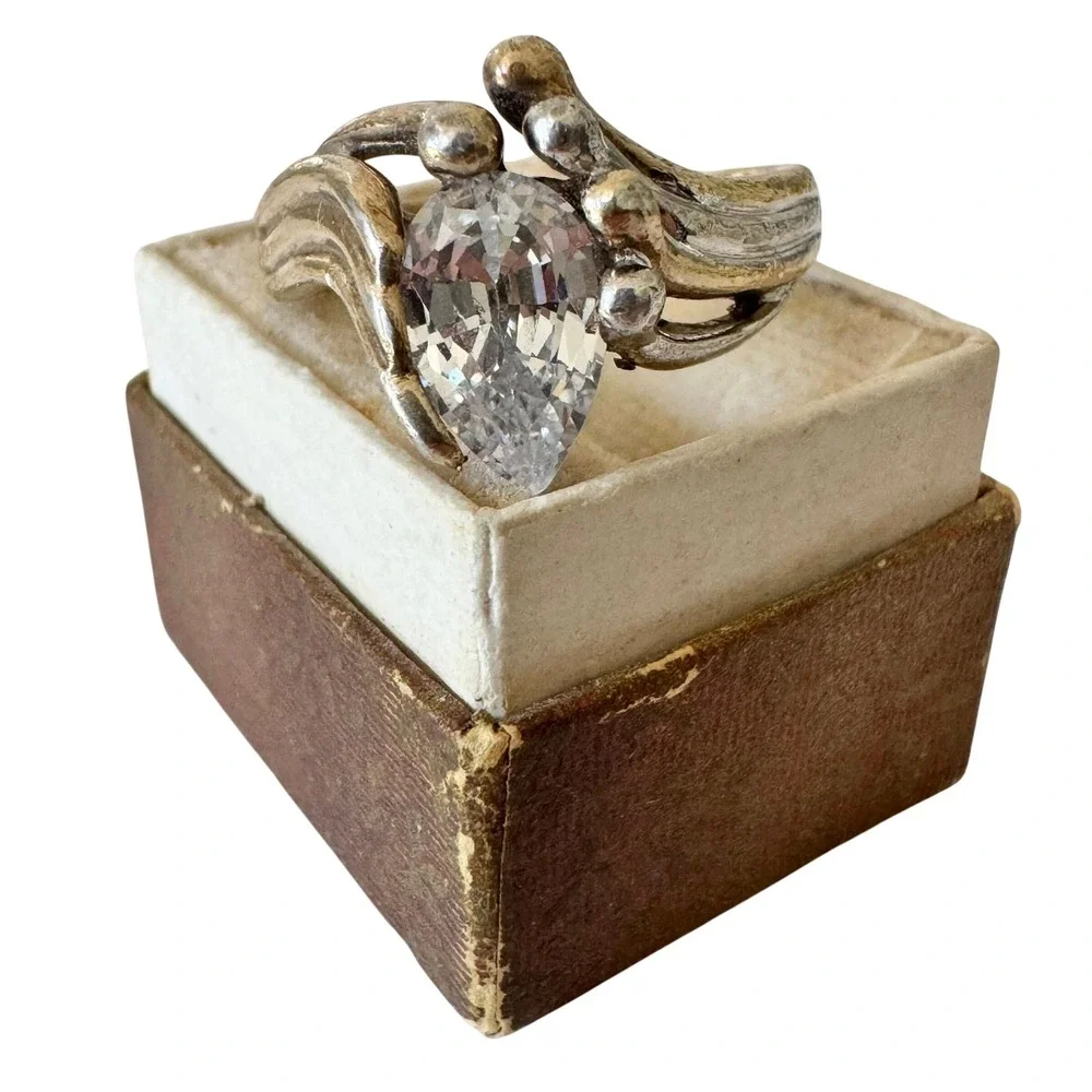Vintage Artisan Sterling Silver Pear Cubic Zirconia Brutalist Modern Ring Size 8